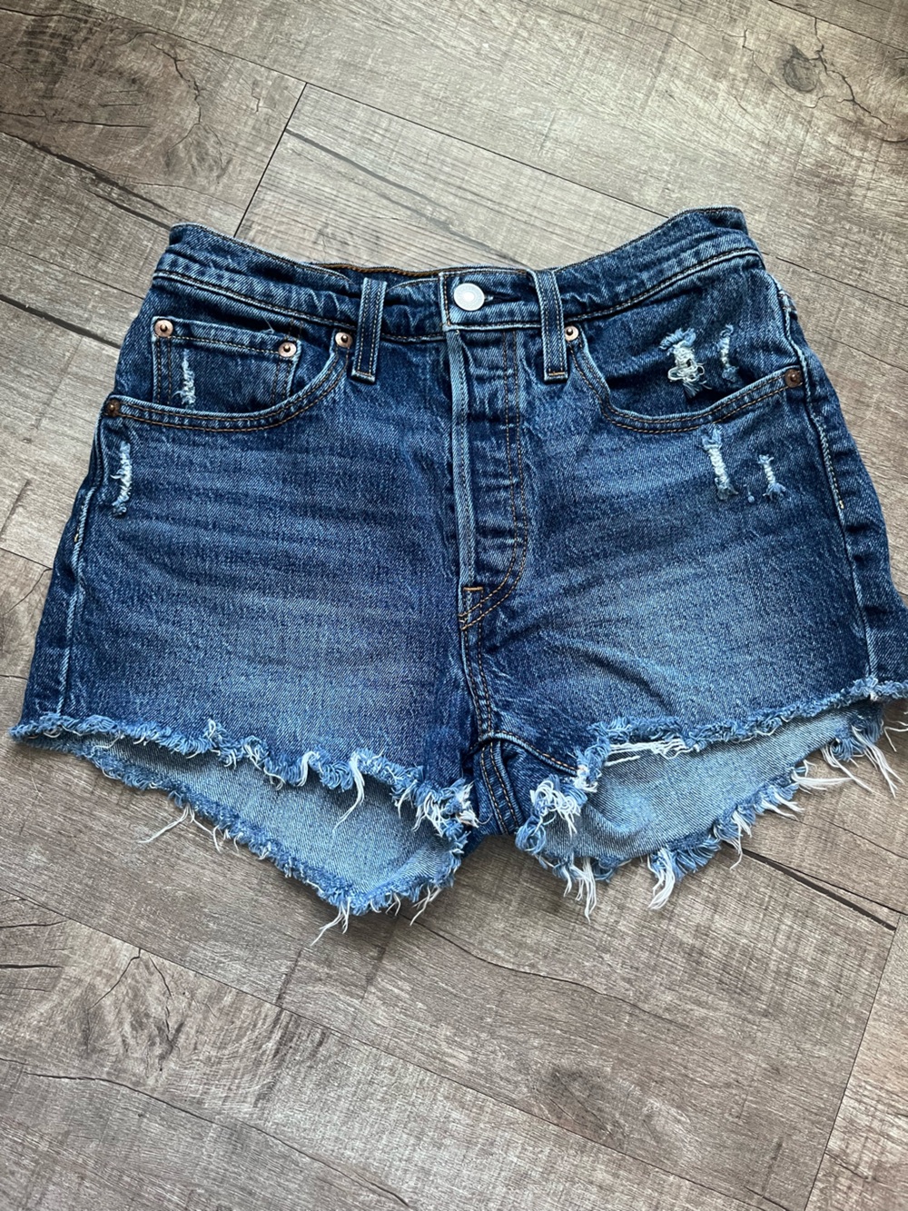 Levi's Dark Blue Distressed Denim Cutoff Shorts